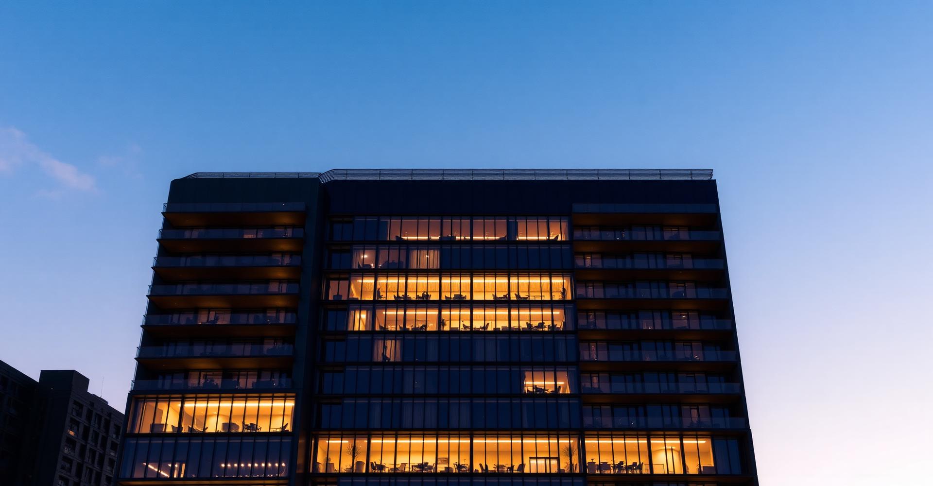 Luxury residential tower illuminated at dusk